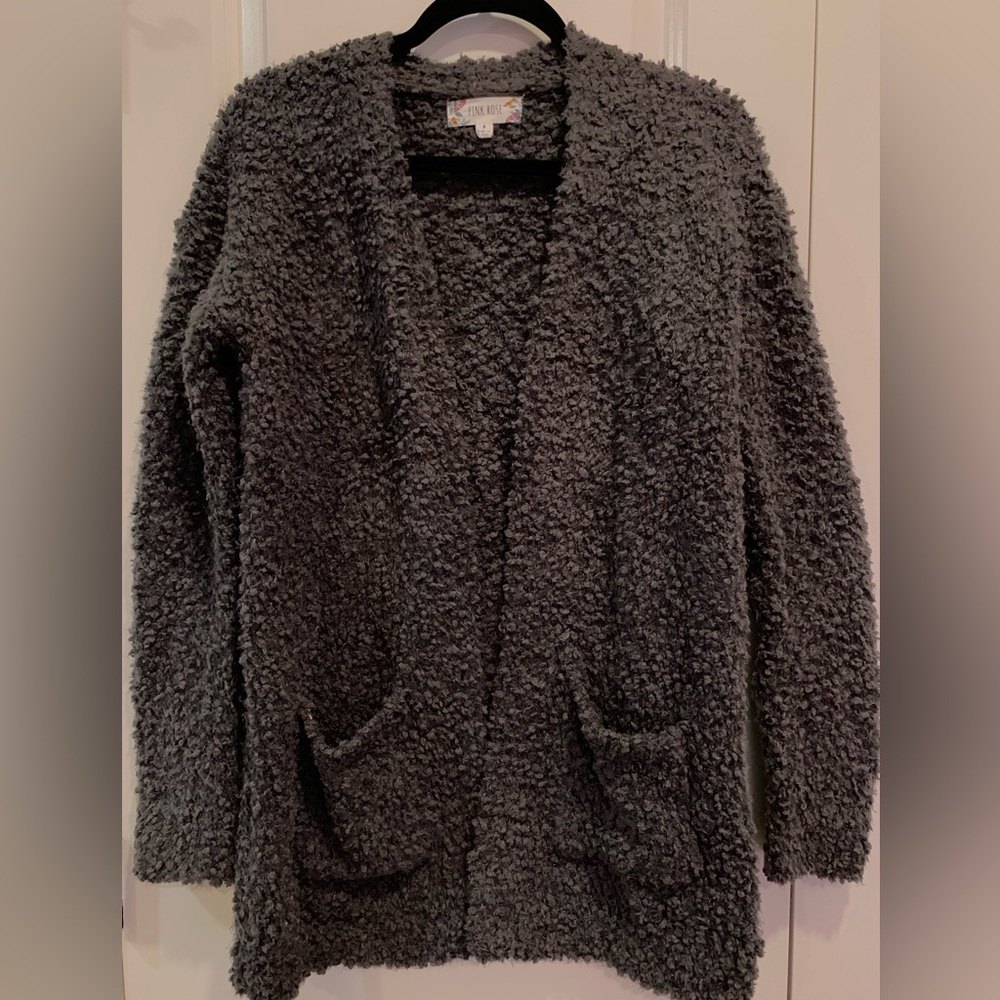 teddy/sherpa soft cardigan charcoal colored with front pockets size small